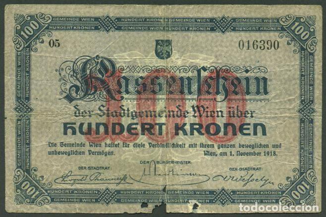 Billetes extranjeros: AUSTRIA (Local, Viena). I G.M. 100 kronen 1.11.1918.