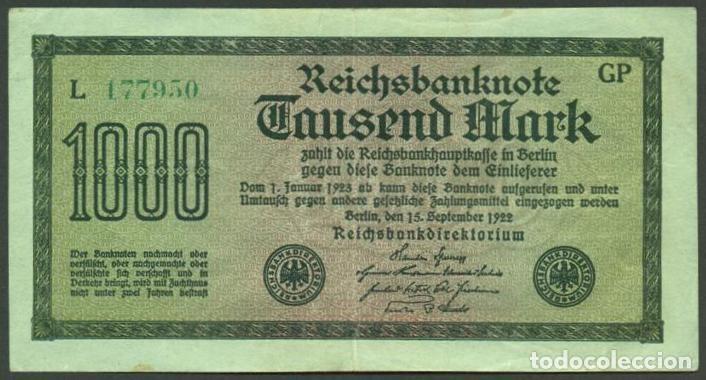 Billetes extranjeros: ALEMANIA. 1000 mark 15.9.1922. Pick 76. Ver tipo, tama&ntilde;o letra, prefijo, etc...