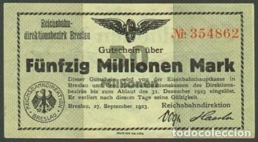 Billetes extranjeros: ALEMANIA. Deutsche Reichsbahn (Ferrocarril). 50000000 (50 millionen) mark 1923. Pick S1136.