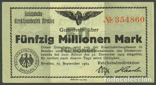 Billetes extranjeros: ALEMANIA. Deutsche Reichsbahn (Ferrocarril). 50000000 (50 millionen) mark 1923. Pick S1136.