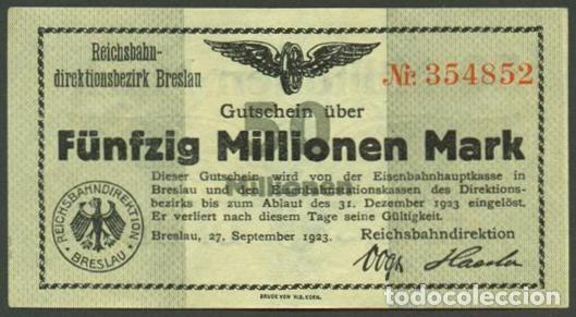 Billetes extranjeros: ALEMANIA. Deutsche Reichsbahn (Ferrocarril). 50000000 (50 millionen) mark 1923. Pick S1136.