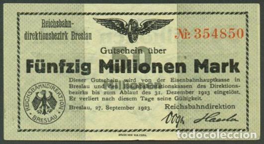 Billetes extranjeros: ALEMANIA. Deutsche Reichsbahn (Ferrocarril). 50000000 (50 millionen) mark 1923. Pick S1136.