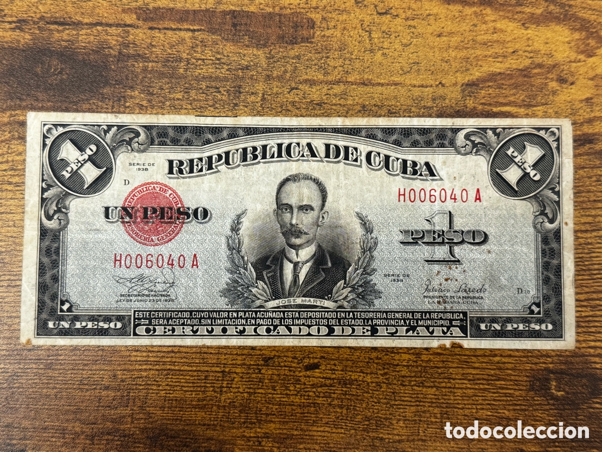 Billetes extranjeros: Escaso 1 peso certificado de plata 1938 Cuba. Serie bastante baja H006040A