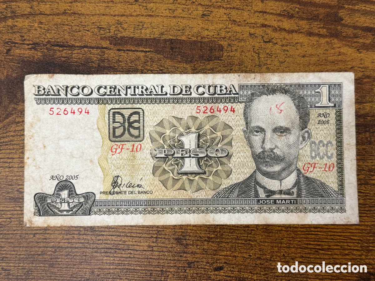 Billetes extranjeros: Billete de 1 peso 2005 circulado y escrito, Cuba.