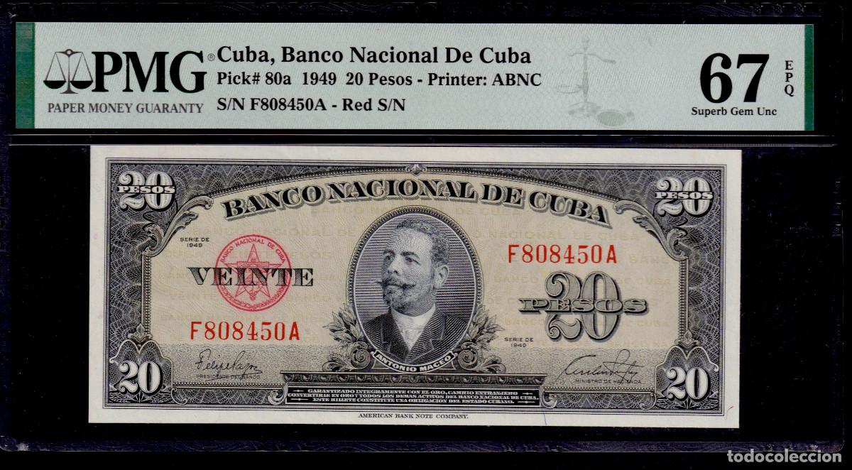 Billetes extranjeros: CUBA 20 PESOS 1949 UNC/SC PMG GRADO 67 Pick.80a Serie F808450A (GRADO DE CONSERVACI&Oacute;N ALT&Iacute;SIMO)
