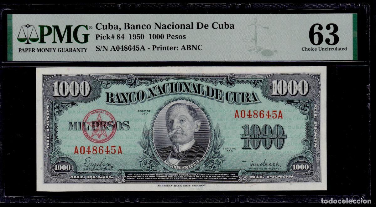 Billetes extranjeros: CUBA 1000 PESOS 1950 UNC/SC PMG GRADO 63 Pick.84 Serie A048645A