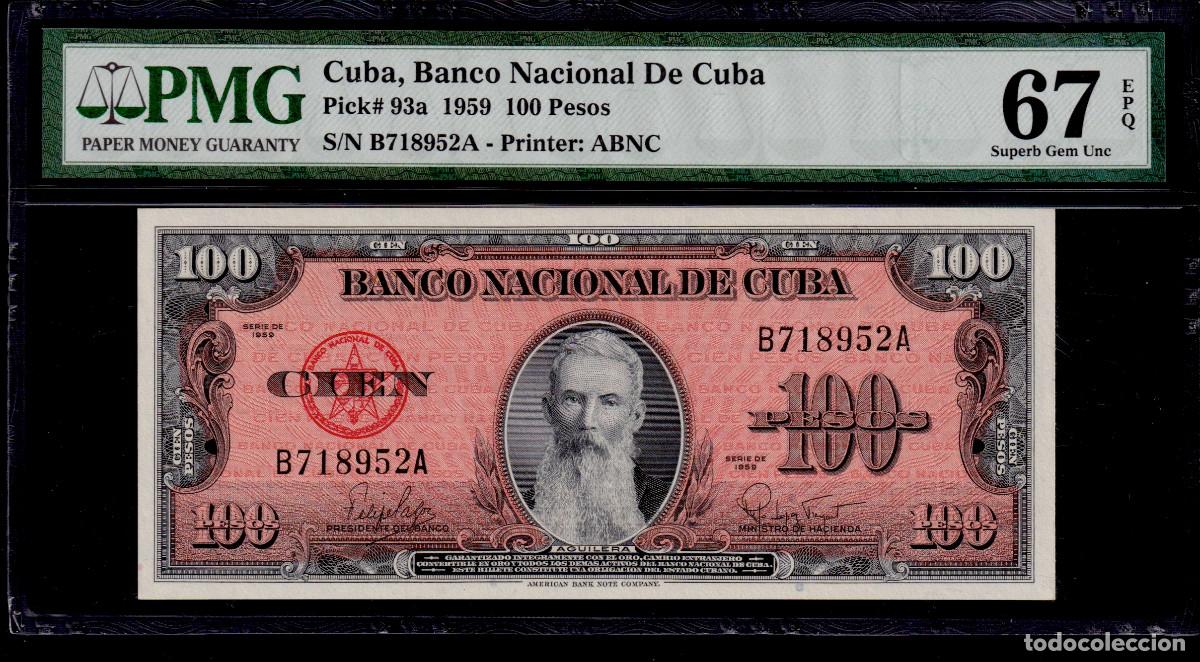Billetes extranjeros: CUBA 100 PESOS 1959 UNC/SC PMG GRADO 67 Pick.93a Serie B718952A