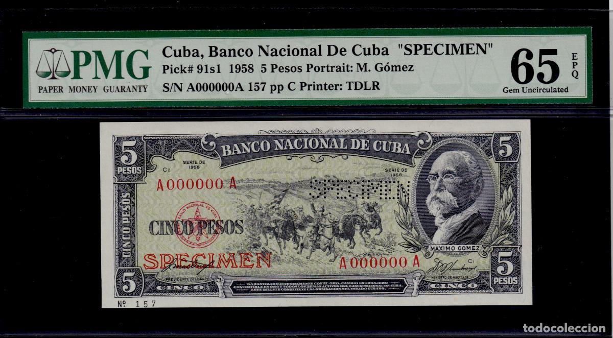 Billetes extranjeros: CUBA 5 PESOS 1958 UNC/SC PMG GRADO 65 Pick.91s1 Serie A000000A SPECIMEN (Alto Grado) RARO