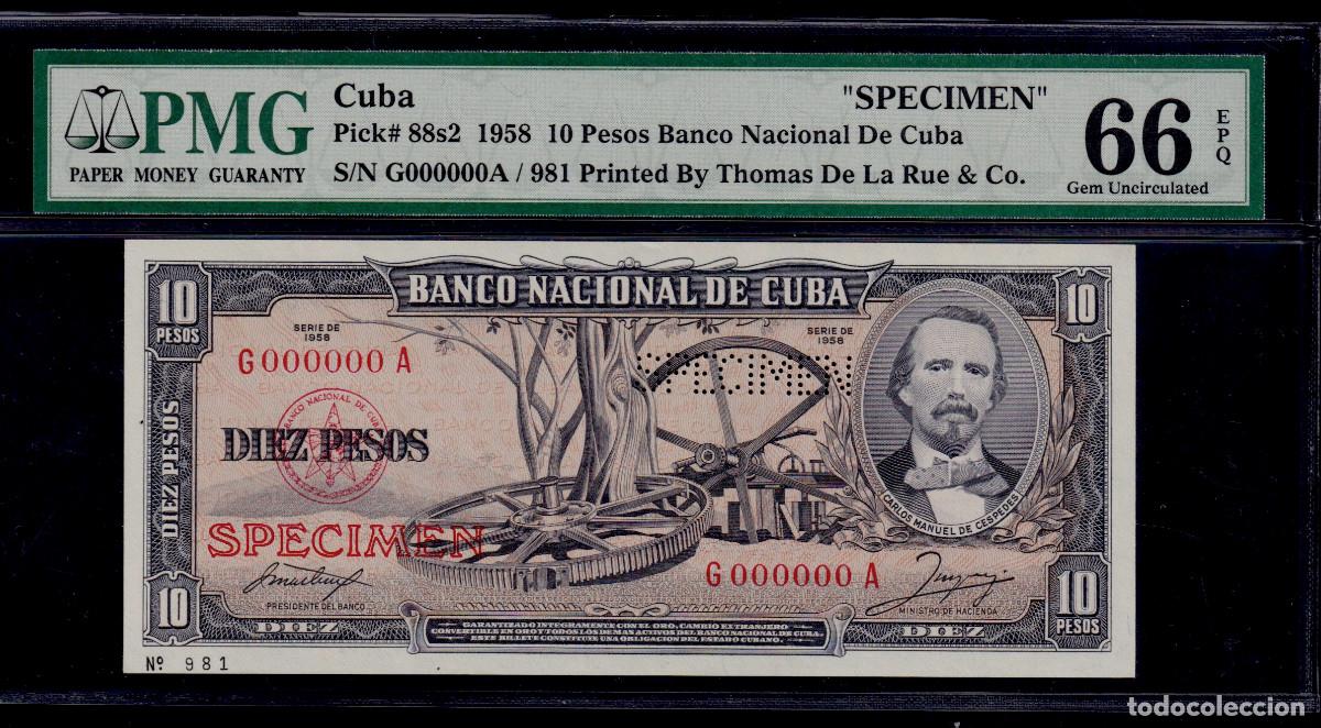 Billetes extranjeros: CUBA 10 PESOS 1958 UNC/SC PMG GRADO 66 Pick.88s2 Serie G000000A SPECIMEN (Alto Grado) RARO