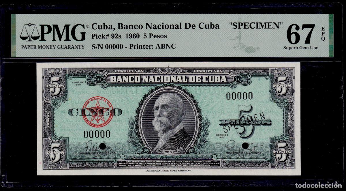 Billetes extranjeros: CUBA 5 PESOS 1960 UNC/SC PMG GRADO 67 Pick.92s Serie 00000 SPECIMEN (Muy Raro en estas condiciones)