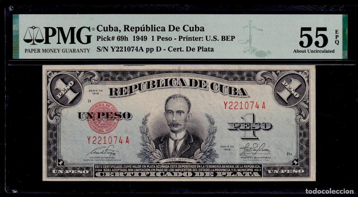 Billetes extranjeros: CUBA 1 PESO 1949 AUNC/EBC+ PMG GRADO 55 Pick.69h Serie Y221074A CERTIFICADO DE PLATA