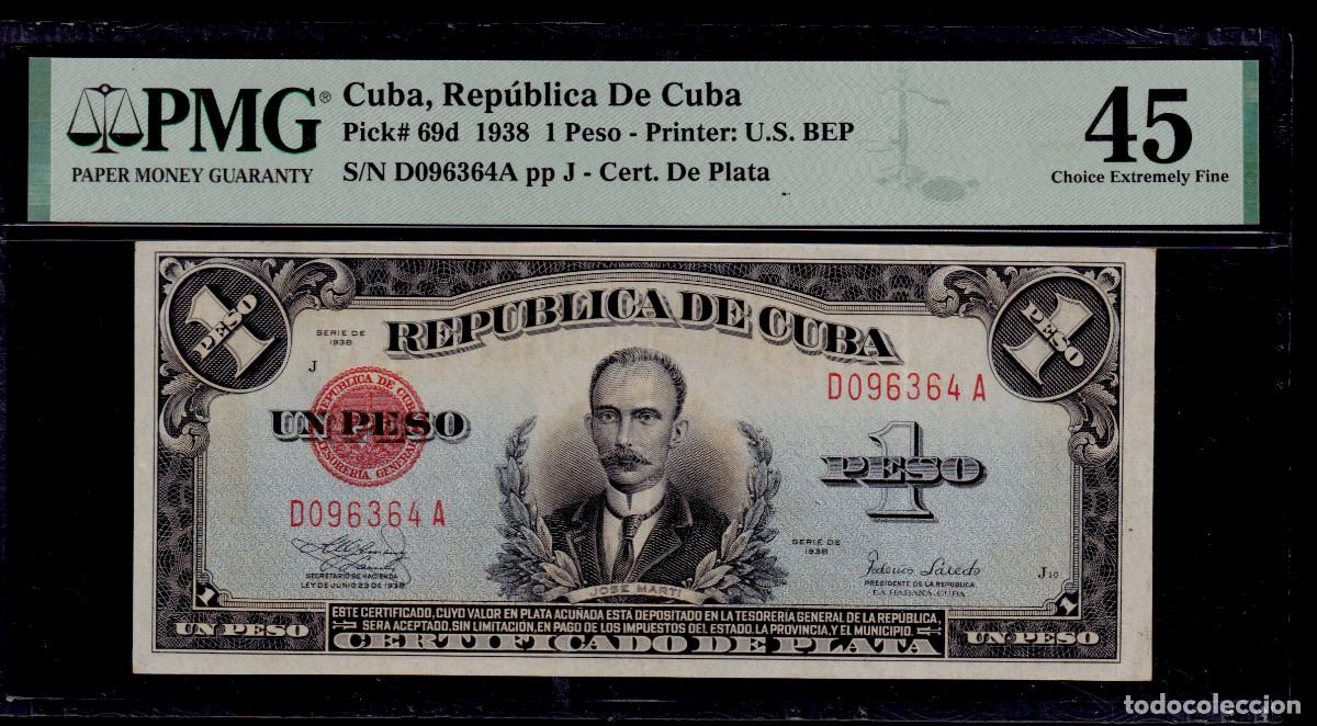 Billetes extranjeros: CUBA 1 PESO 1938 XF/EBC- PMG GRADO 45 Pick.69d Serie D096364A CERTIFICADO DE PLATA