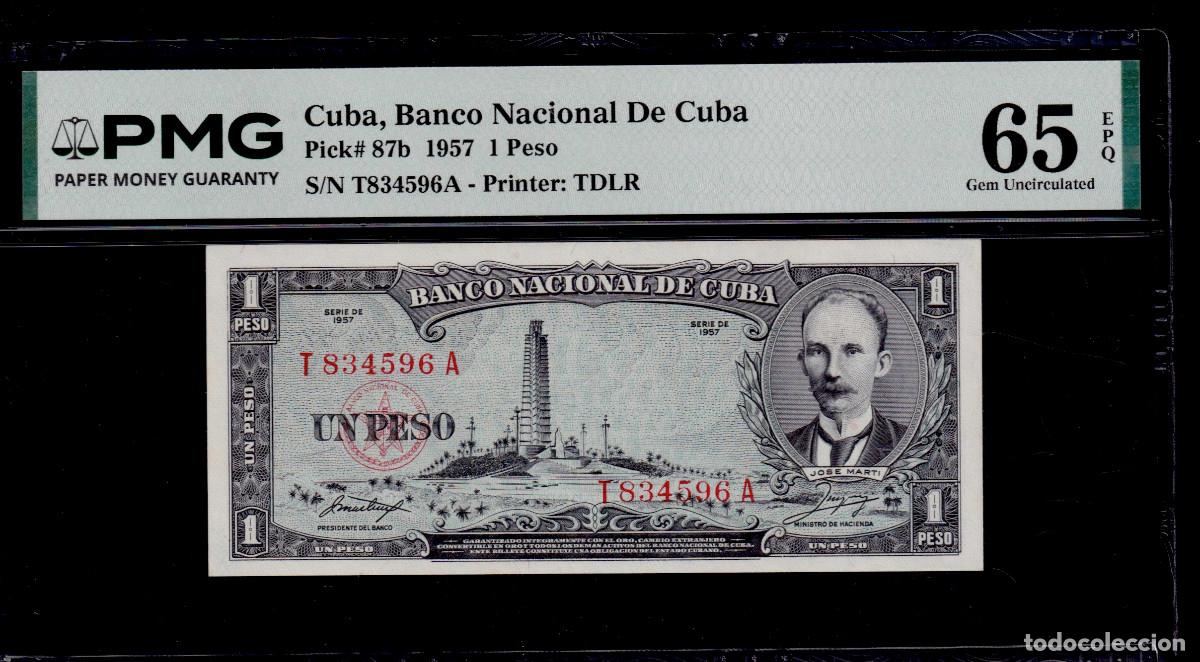 Internationale Banknoten: CUBA 1 PESO 1957 UNC/SC PMG GRADO 65 Pick.87b Serie T834596A