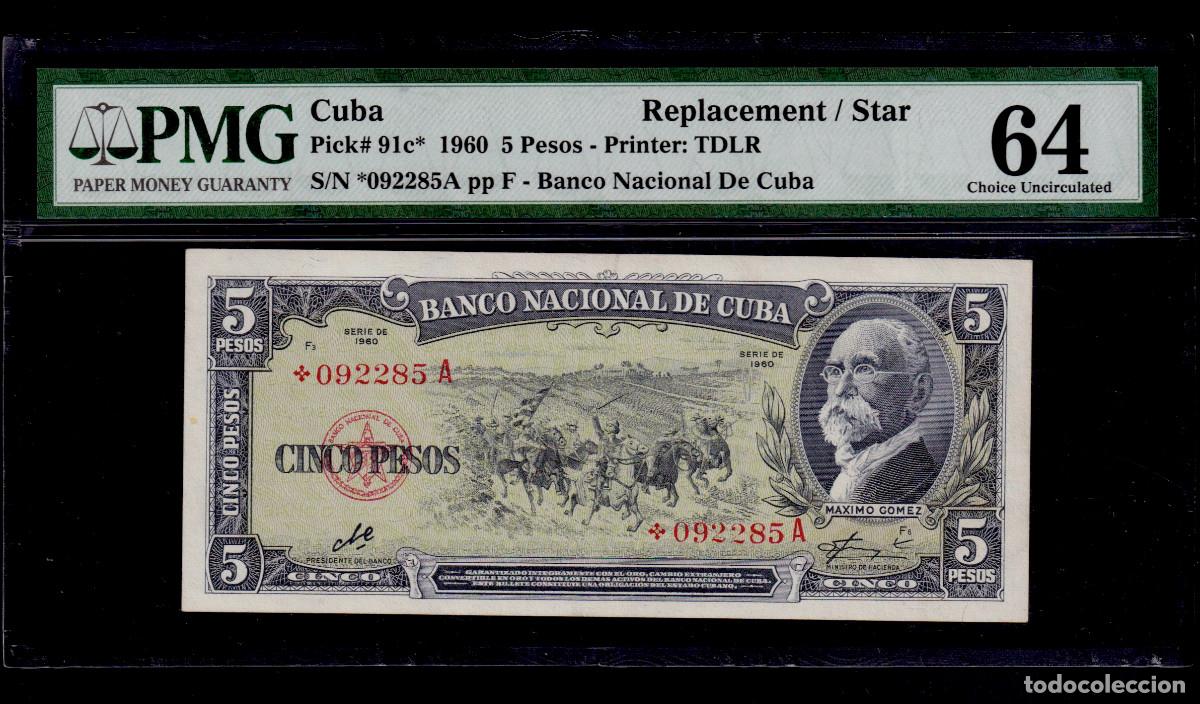 Internationale Banknoten: CUBA 5 PESOS 1960 UNC/SC PMG GRADO 64 Pick.91c Serie *092285A REEMPLAZO REPOSICION REPLACEMENT Che