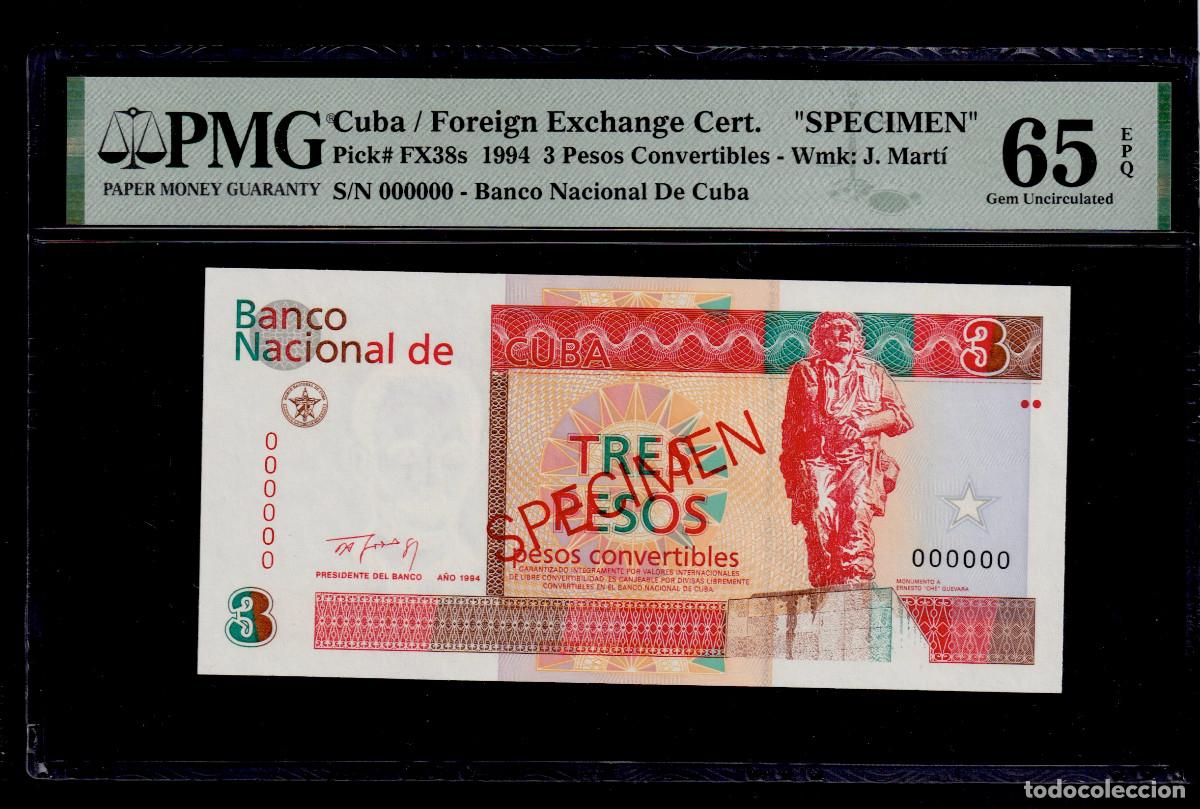 Internationale Banknoten: CUBA 3 PESOS CONVERTIBLES CUC 1994 UNC/SC PMG GRADO 65 Pick.FX38s Serie 000000 SPECIMEN