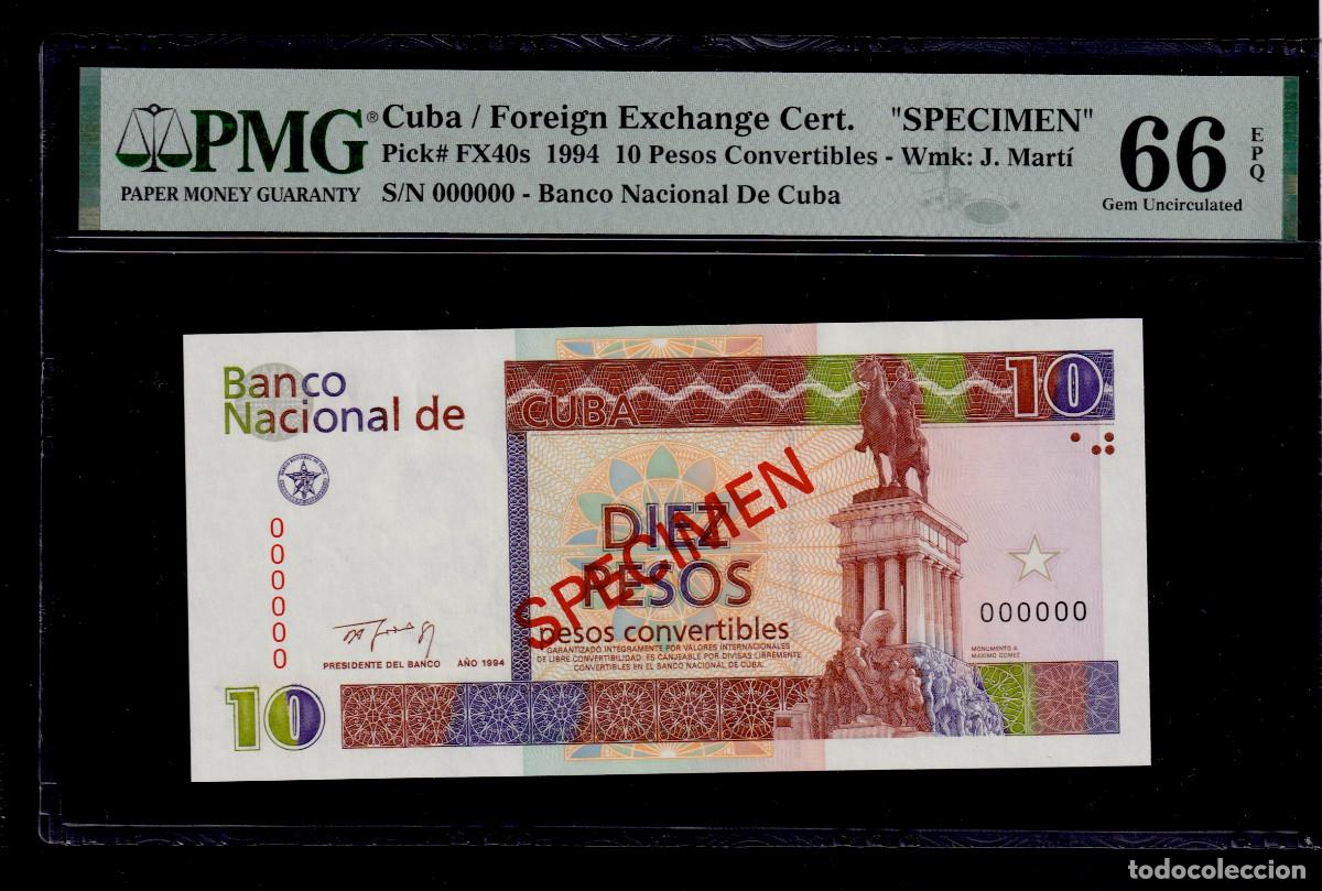 Billetes extranjeros: CUBA 10 PESOS CONVERTIBLES CUC 1994 UNC/SC PMG GRADO 66 Pick.FX40s Serie 000000 SPECIMEN