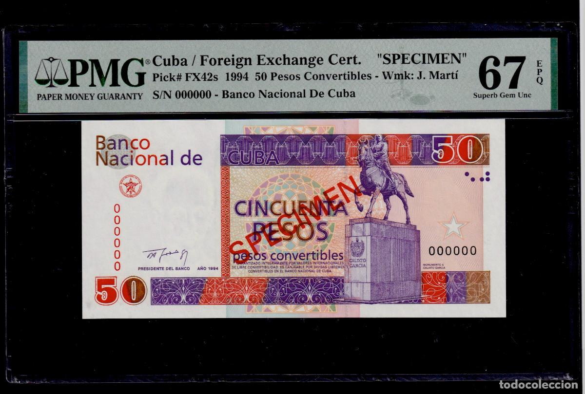 Billetes extranjeros: CUBA 50 PESOS CONVERTIBLES CUC 1994 UNC/SC PMG GRADO 67 Pick.FX42s Serie 000000 SPECIMEN