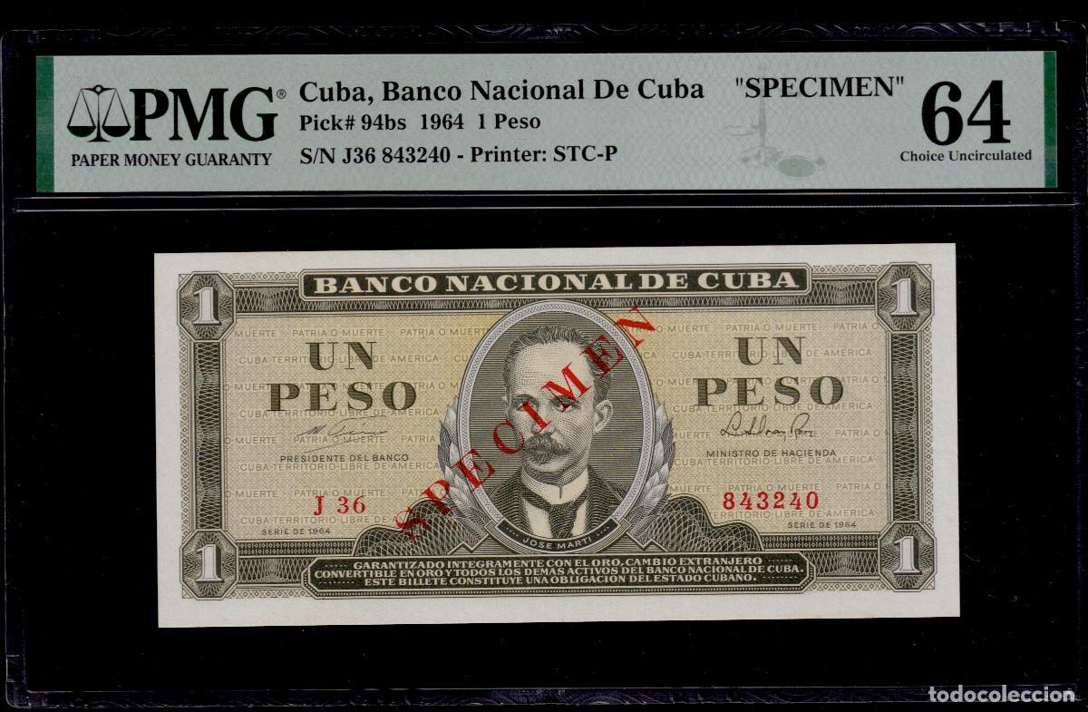 Billetes extranjeros: CUBA 1 PESO 1964 UNC/SC PMG GRADO 64 Pick.94bs Serie 843240 Alfa J-36 SPECIMEN