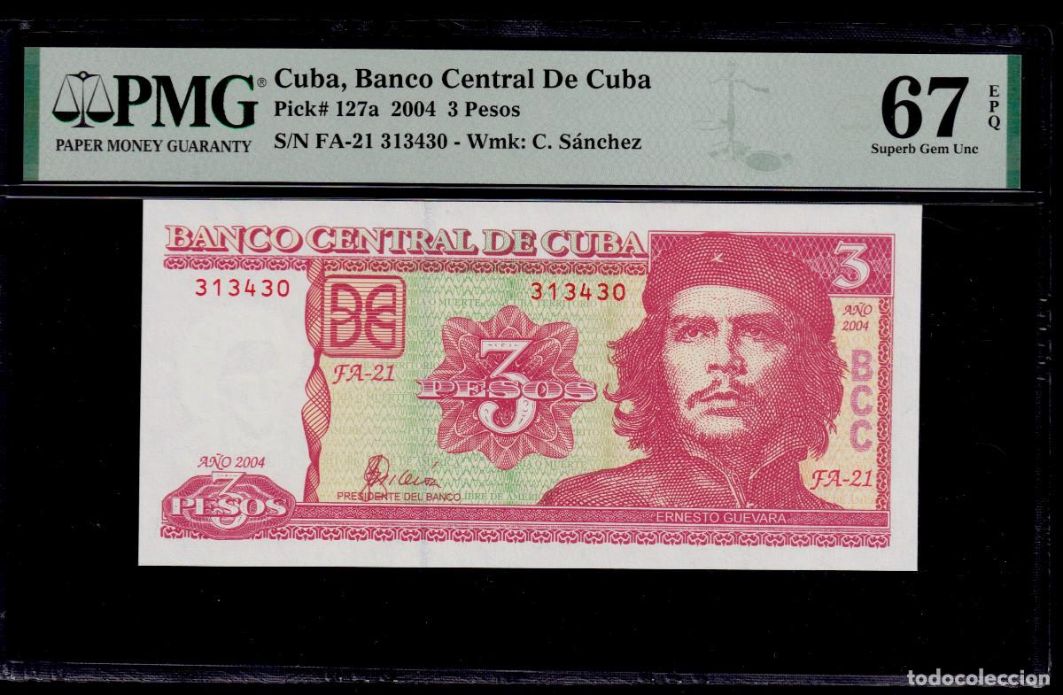 Billetes extranjeros: CUBA 3 PESOS 2004 UNC/SC PMG GRADO 67 Pick.127a Serie 313430 Alfa FA-21 Che Guevara