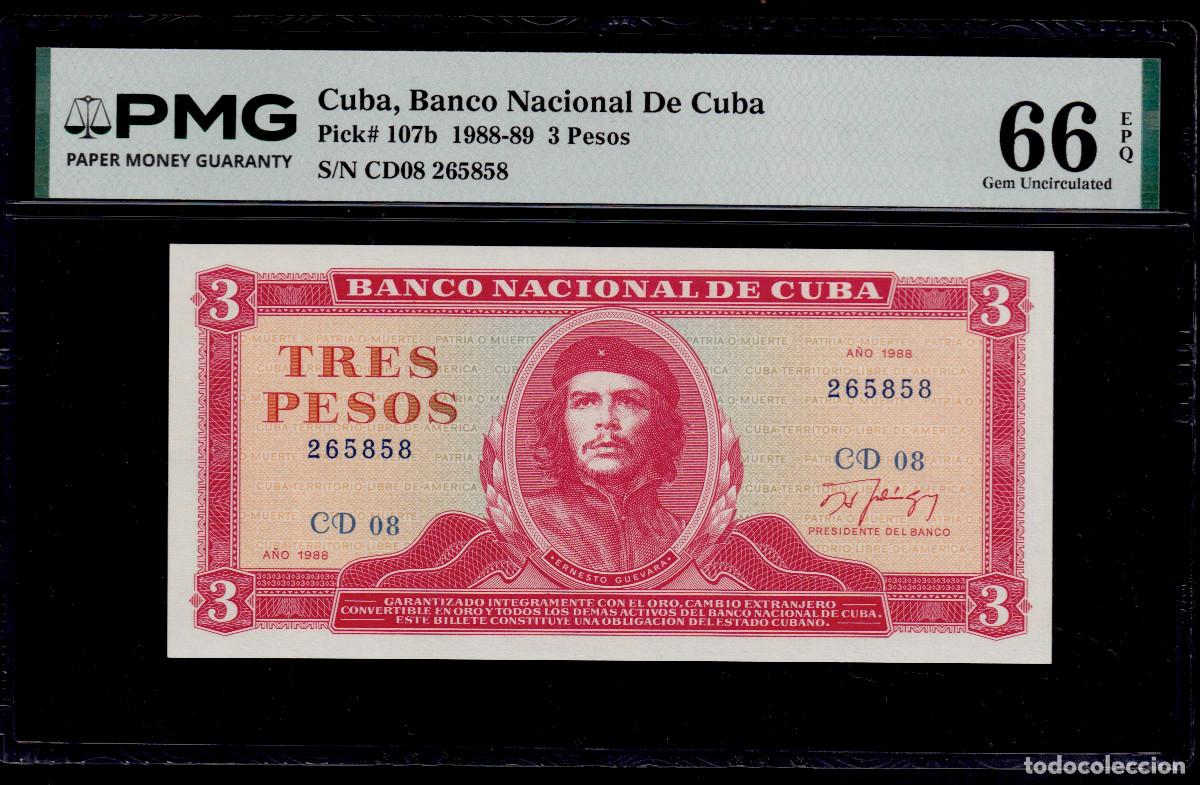 Billetes extranjeros: CUBA 3 PESOS 1988 UNC/SC PMG GRADO 66 Pick.107b Serie 265858 Alfa CD-08 CHE GUEVARA