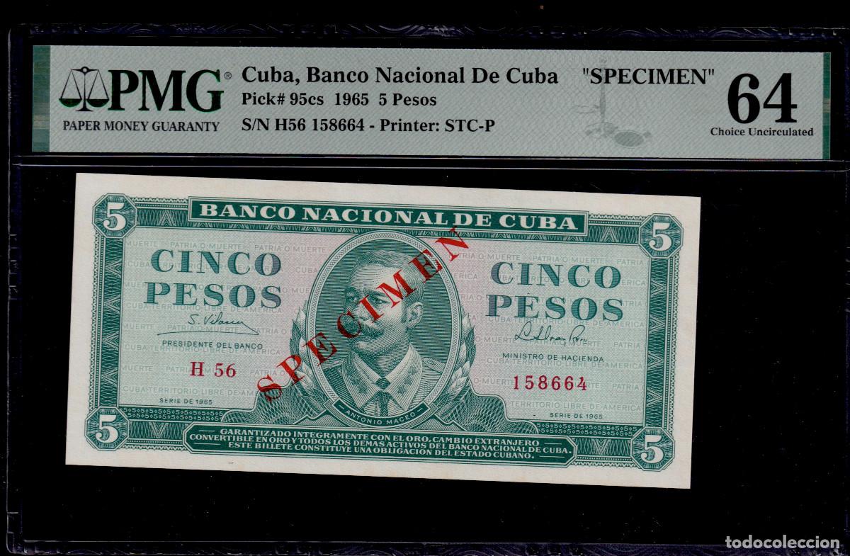 Billetes extranjeros: CUBA 5 PESOS 1965 UNC/SC PMG GRADO 64 Pick.95cs Serie 158664 Alfa H-56 SPECIMEN