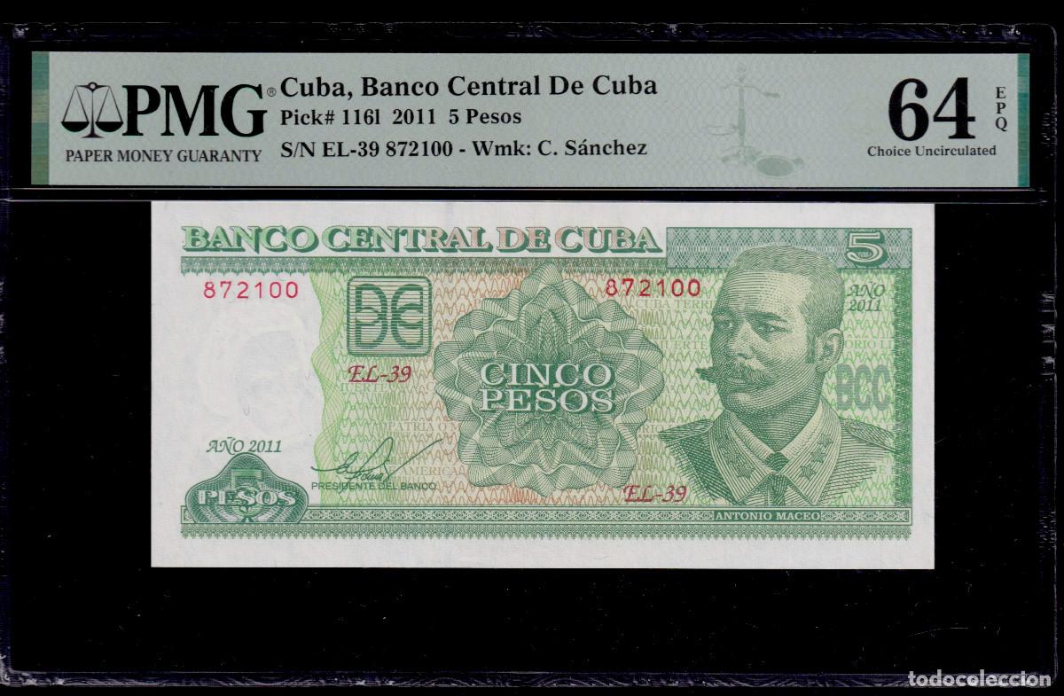 Billetes extranjeros: CUBA 5 PESOS 2011 UNC/SC PMG GRADO 64 Pick.116i Serie 872100 Alfa EL-39