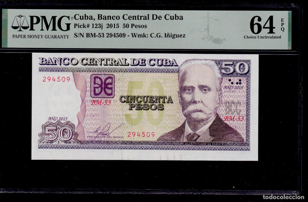 Billetes extranjeros: CUBA 50 PESOS 2015 UNC/SC PMG GRADO 64 Pick.123j Serie 294509 Alfa BM-53