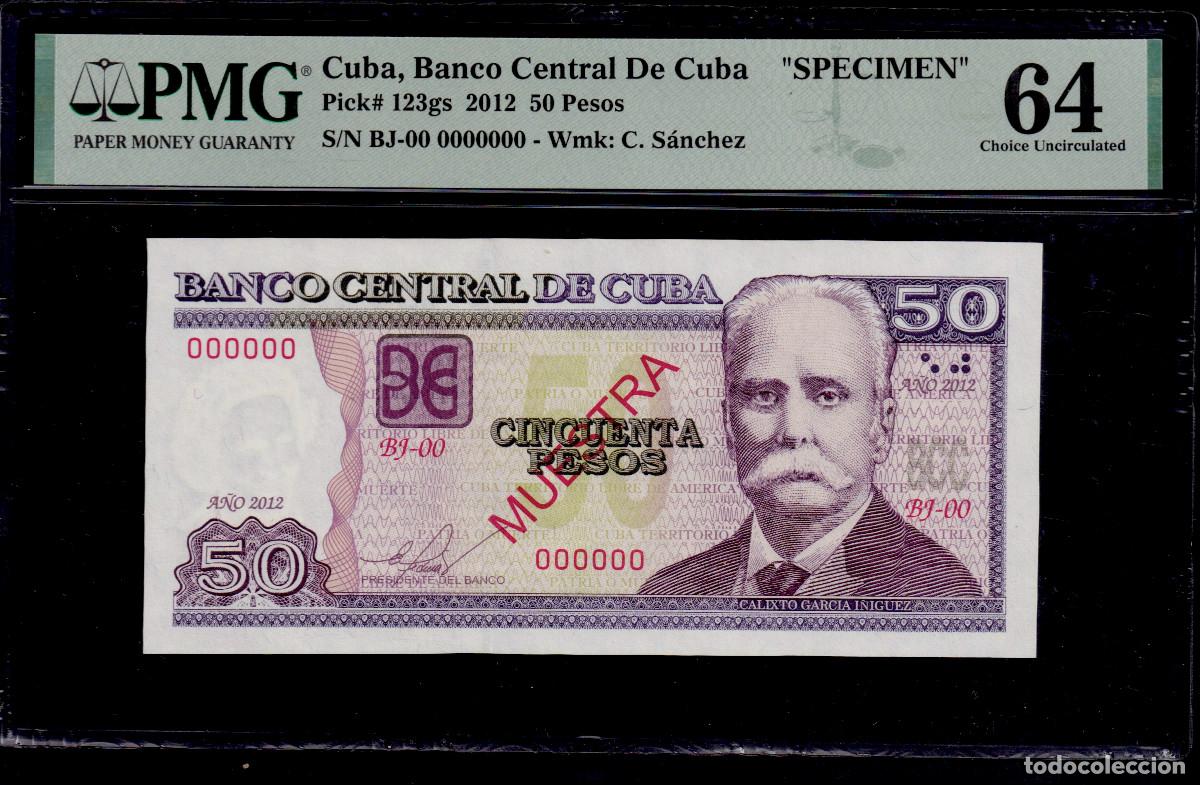Billetes extranjeros: CUBA 50 PESOS 2012 UNC/SC PMG GRADO 64 Pick.123gs Serie 000000 Alfa BJ-00 MUESTRA (RAR&Iacute;SIMO)