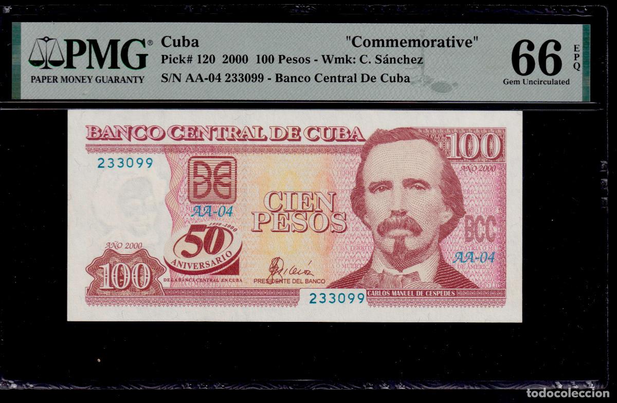 Billetes extranjeros: CUBA 100 PESOS 2000 UNC/SC PMG GRADO 66 Pick.120 Serie 233099 Alfa AA-04 CONMEMORATIVO (ALTO GRADO)