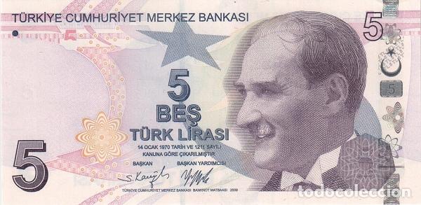Internationale Banknoten: Billete Turqu&iacute;a 5 liras 2009 UNC S/C Europa