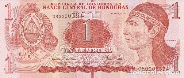 Internationale Banknoten: Billete Honduras 1 Lmepira 2022 UNC S/C Am&eacute;rica