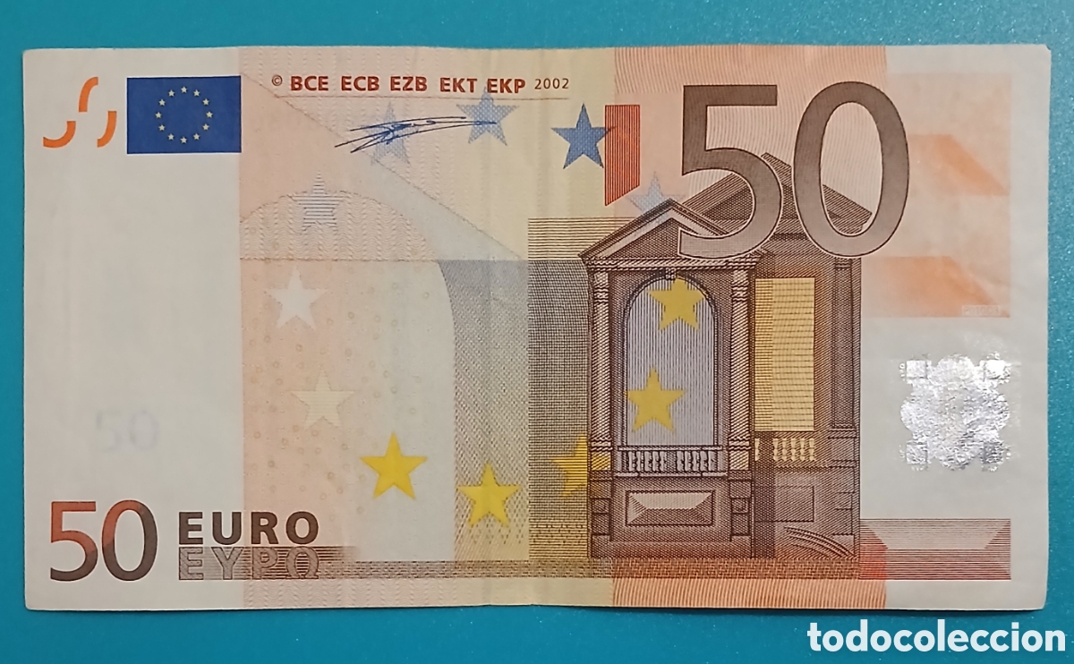 Billetes extranjeros: Billete 50 Euros 2002 | Serie X (Alemania) | Firma Trichet | C&oacute;digo Corto P010D3 | MBC