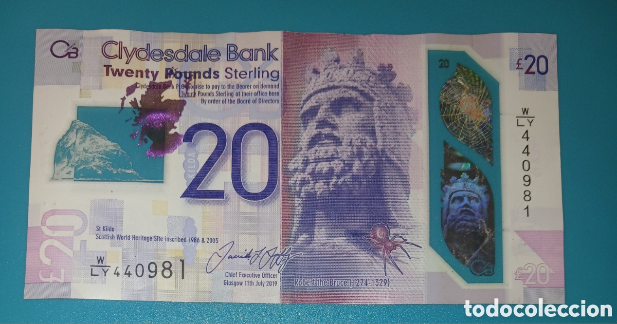 Billetes extranjeros: Billete Escocia 20 Libras 2019 Clydesdale Bank - Robert Bruce - Pol&iacute;mero - MBC