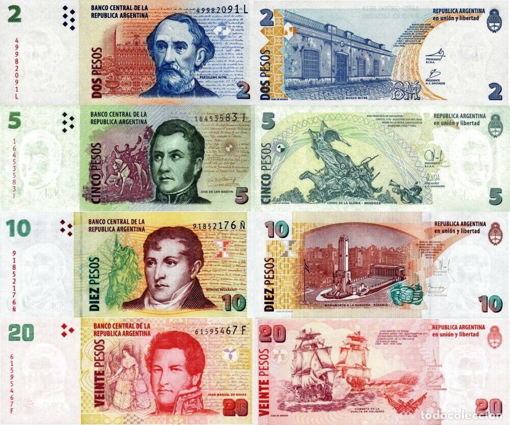 Billetes extranjeros: Argentina Set 4 pcs 2 5 10 y 20 Pesos 2010-2018 Sin Circular