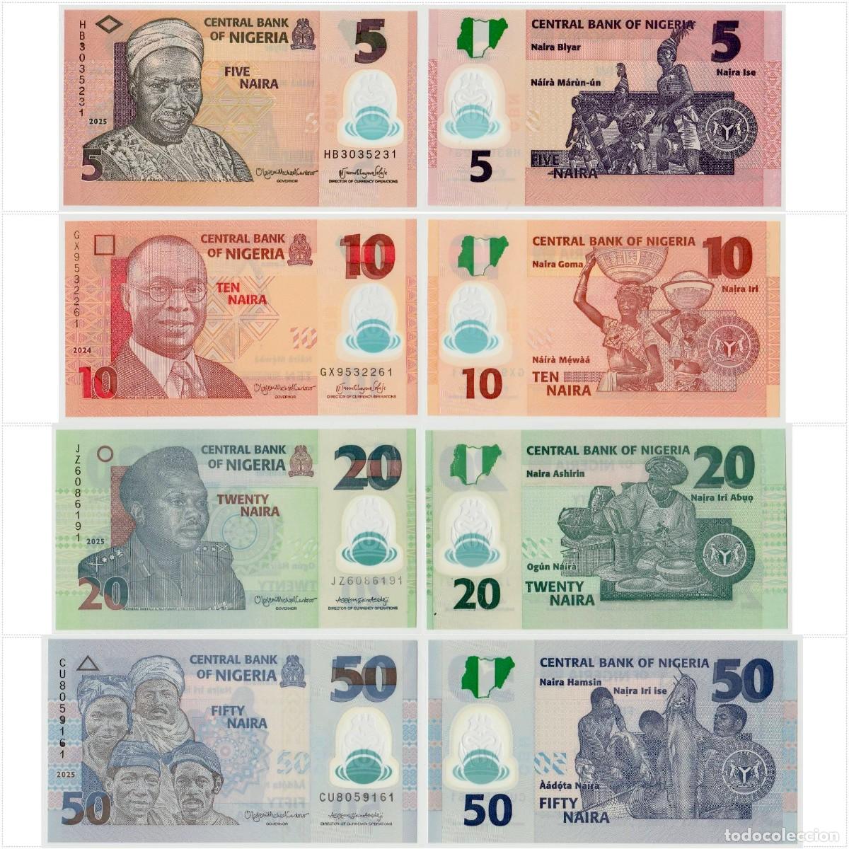 Billetes extranjeros: Nigeria Set 4 pcs 5 10 20 y 50 Naira 2024-2025 Pol&iacute;meros Sin Circular