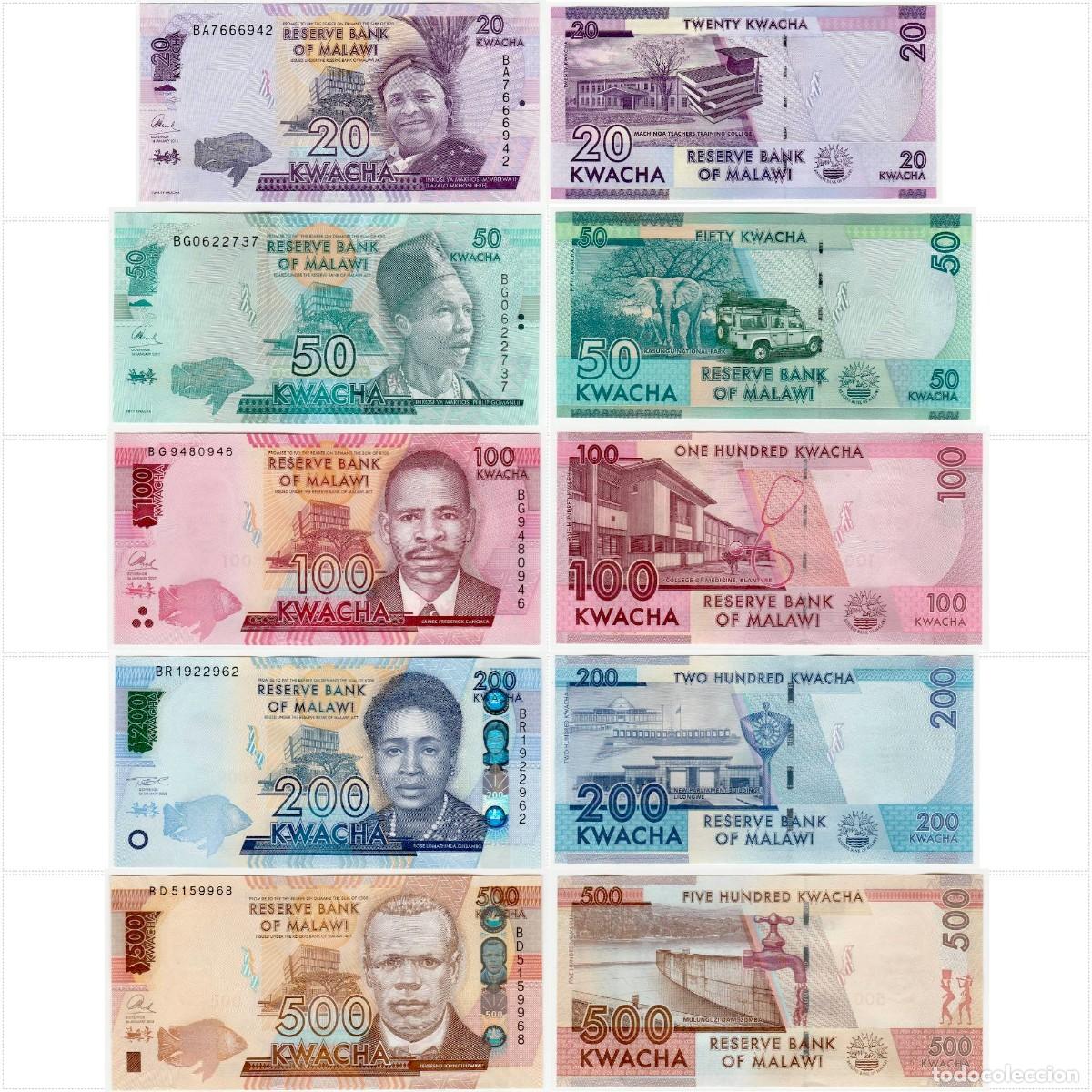 Billetes extranjeros: Malawi Set 5 pcs 20 50 100 200 500 Kwacha 2016-2024 Sin Circular