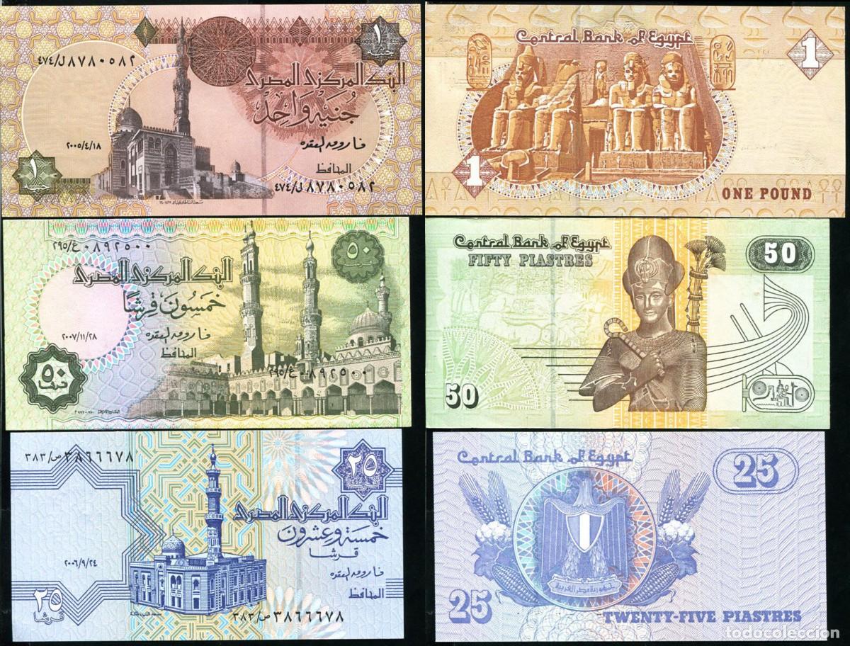 Billetes extranjeros: Egipto Set 3 pcs 25 y 50 Piastras y 1 Libra 2006-2016 Sin Circular