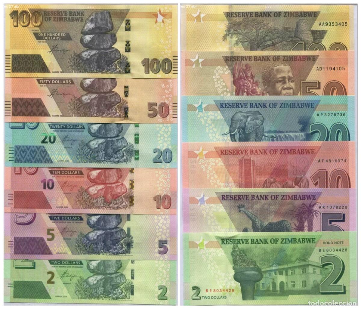 Notas Internacionais: Zimbabue Set 6 pcs 2 5 10 20 50 y 100 D&oacute;lares 2019-2023 Sin Circular