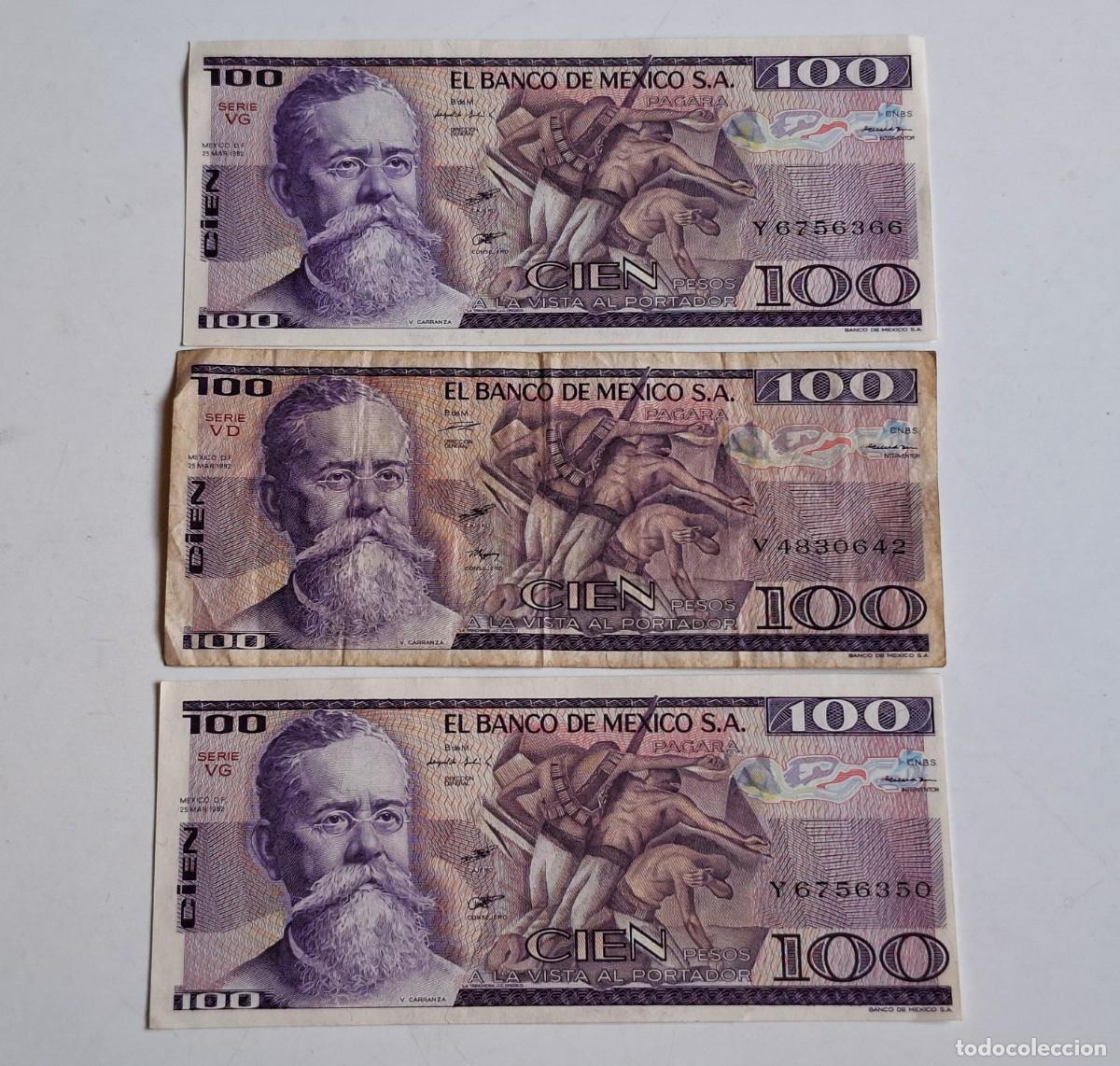 Billetes extranjeros: 3 BILLETES DE MEXICO 100 PESOS