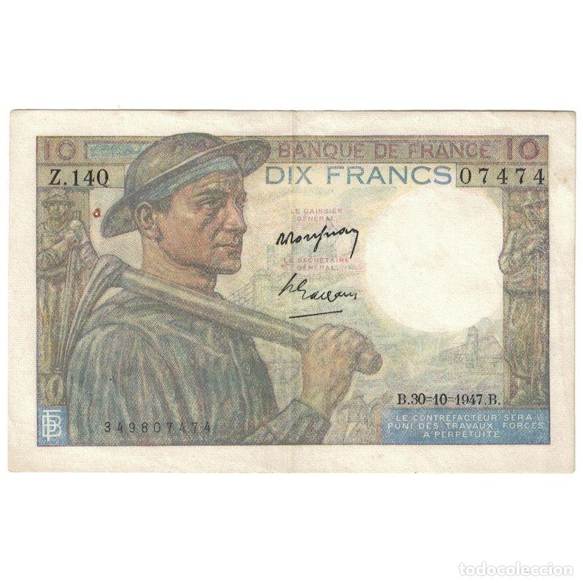 Billetes extranjeros: [#649720] Francia, 10 Francs, Mineur, 1947, 1947-10-30, MBC, Fayette:8.18, KM:99f