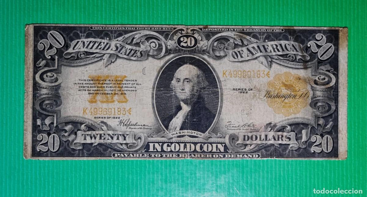 Billetes extranjeros: ESTADOS UNIDOS USA GOLD CERTIFICATE |SOLO ACEPTO PAYPAL| BILLETE $ 20 DOLARES 1922 LEER DESCRIPCION