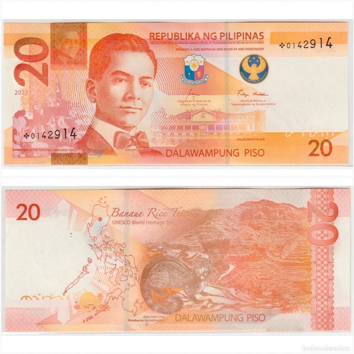 Billetes extranjeros: Filipinas 20 Pesos 2023 Reemplazo n/s *0142914 Sin Circular (ver foto)