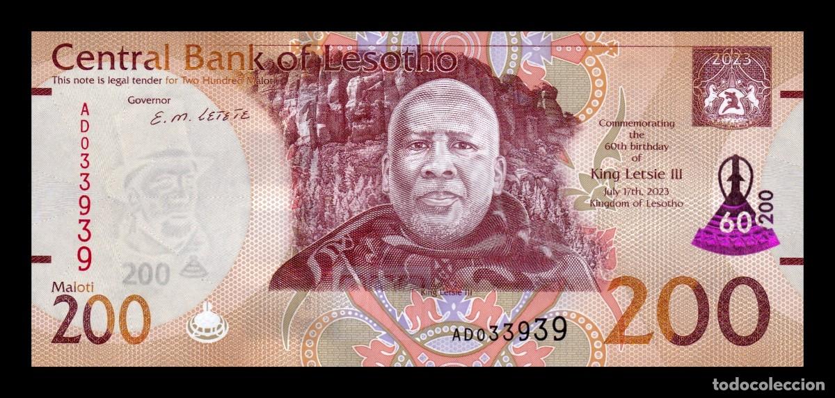 Billetes extranjeros: Lesoto 200 Maloti Conmemorativo Letsie III 2023 Pick 31 Sc Unc