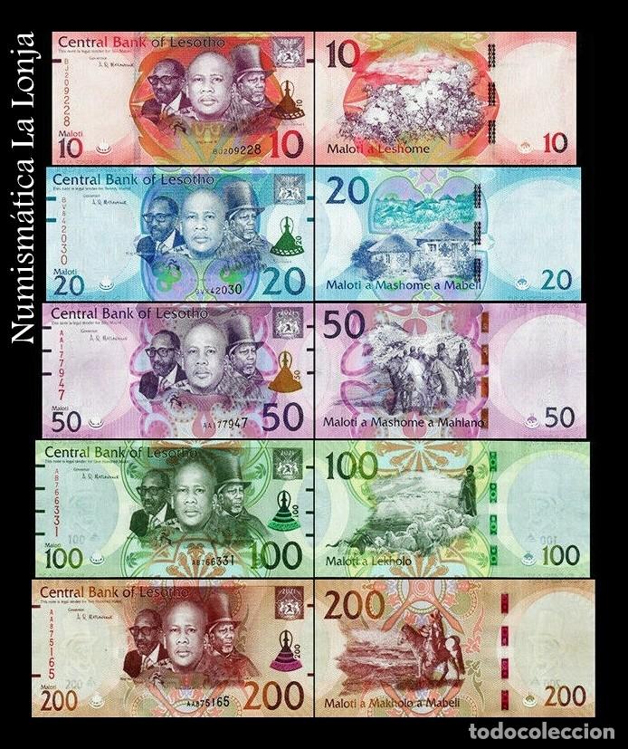 Billetes extranjeros: Lesoto Set completo 5 billetes 10 20 50 100 200 Maloti 2010-2024 Pick 21-31 Sc Unc