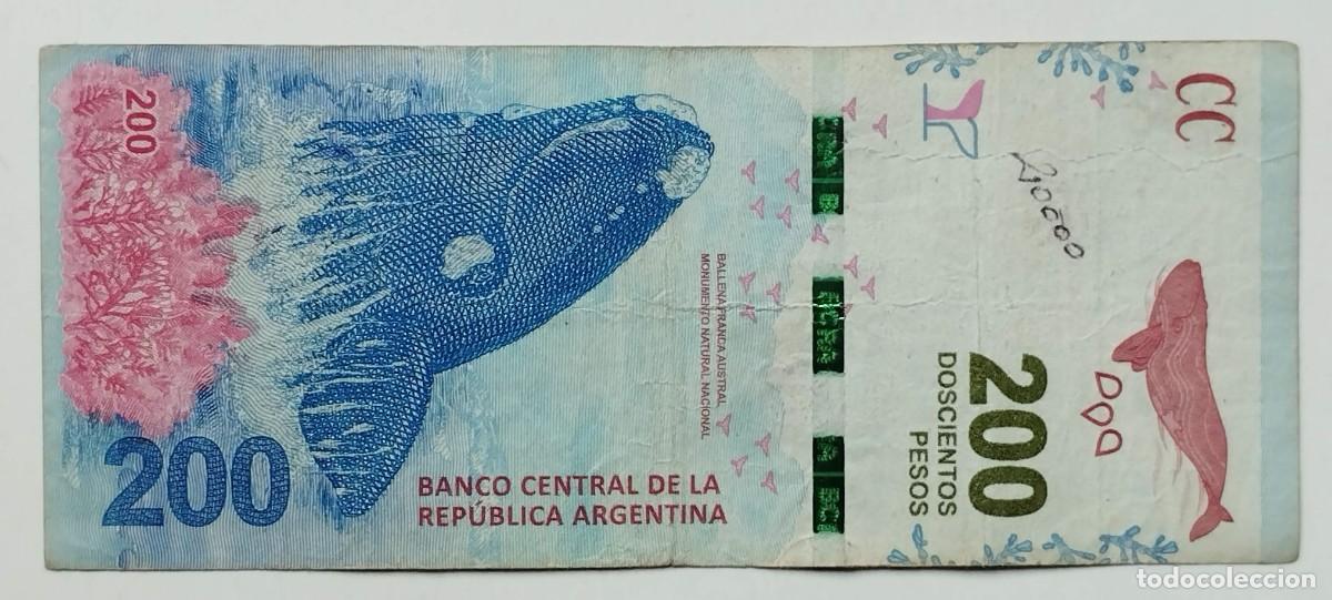 Billetes extranjeros: BILLETE 200 PESOS ARGENTINA FAUNA BALLENA FRANCA AUSTRAL - REVERSO PENINSULA DE VALDES