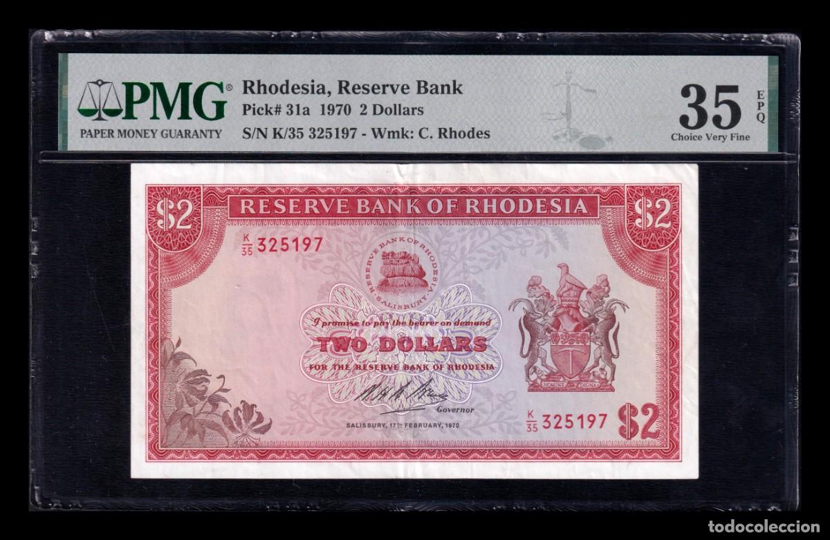 Billetes extranjeros: Rodesia 2 D&oacute;lares 1970 Pick 31a PMG 35 EPQ Mbc/+ Vf/+