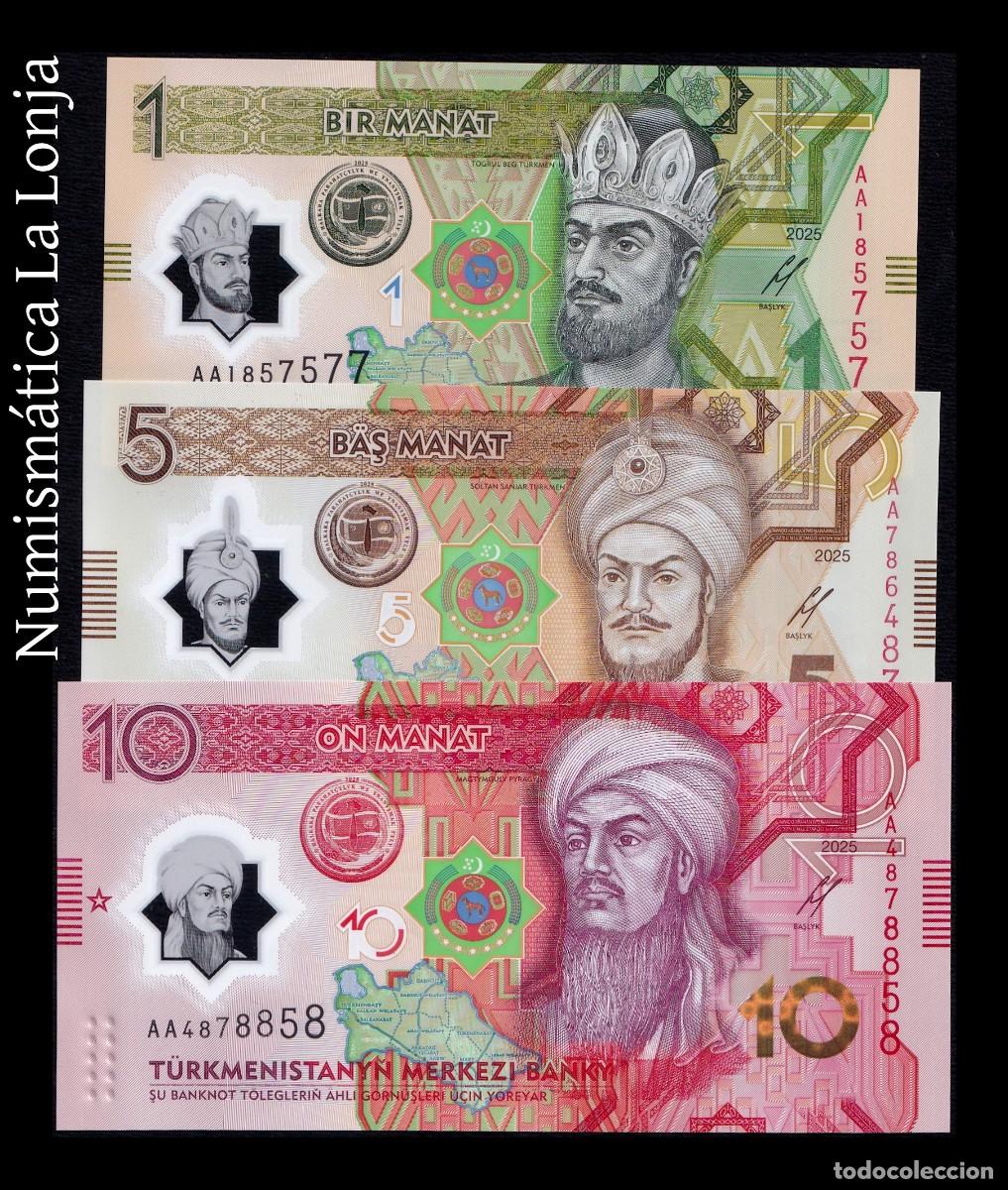 Billetes extranjeros: Turkmenist&aacute;n Set 3 billetes 1 5 10 Manat Conmemorativo 2025 (2026) Pick 48-50 Sc Unc