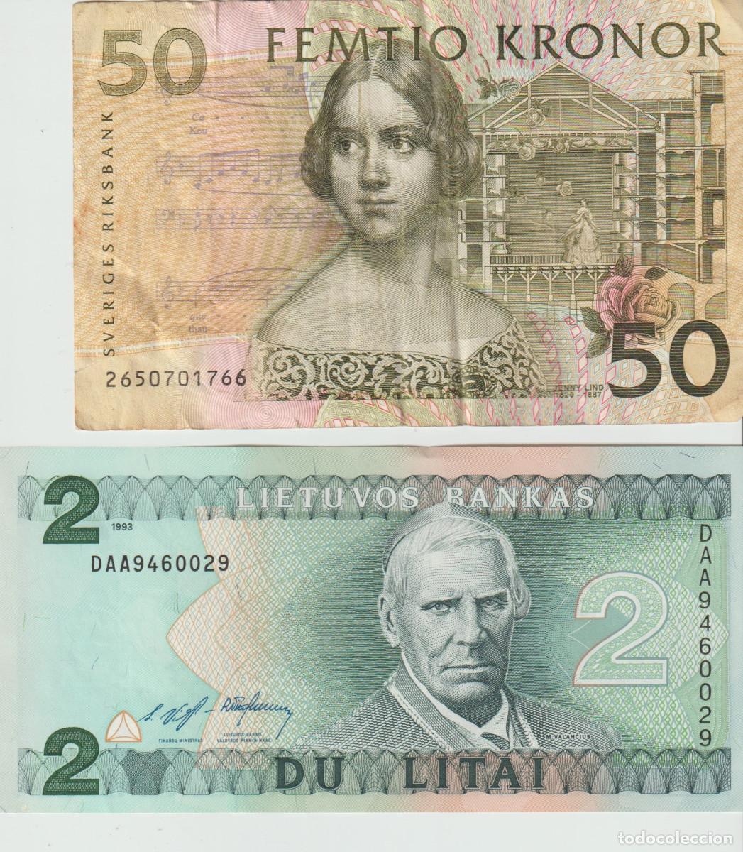 Billetes extranjeros: dos billetes de Europa: Lituania y Suecia
