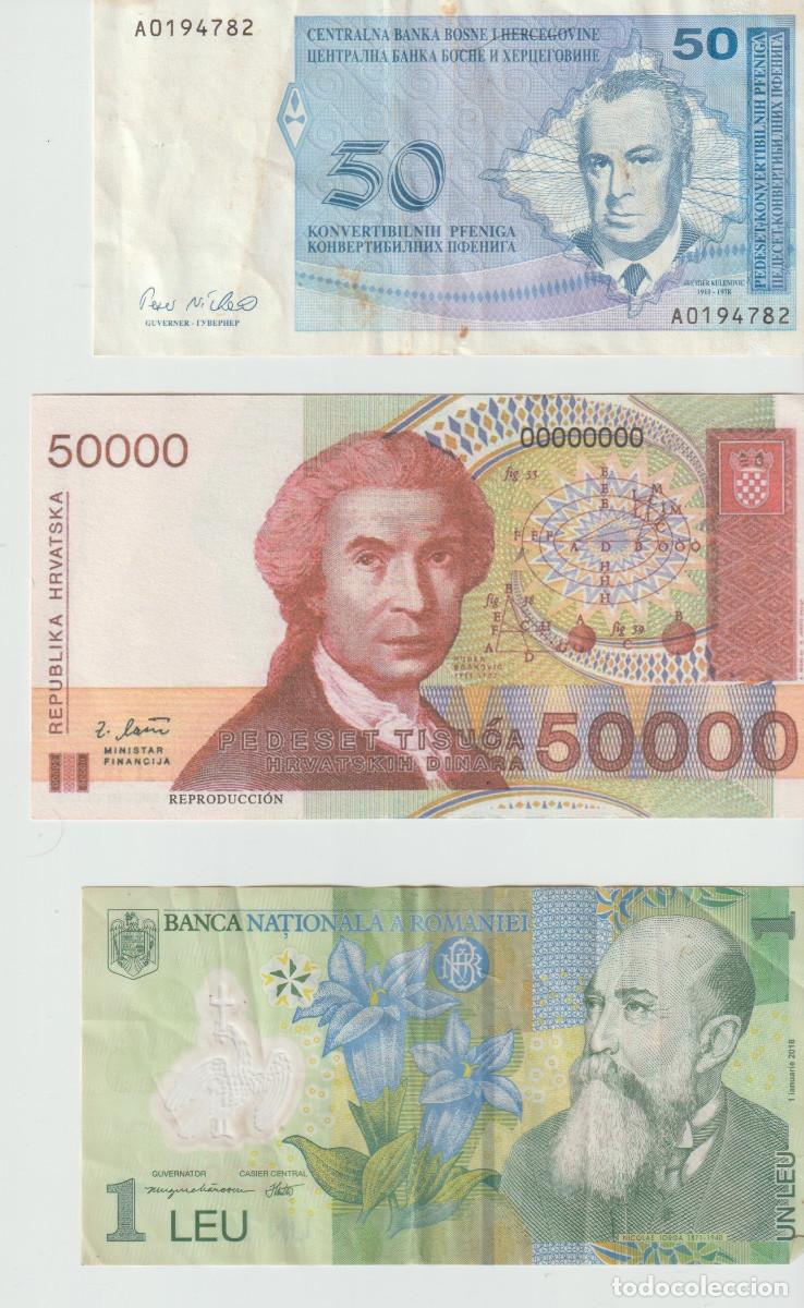 Billetes extranjeros: tres billetes de Europa: Croacia (reproducci&oacute;n) Bosnia Rumania