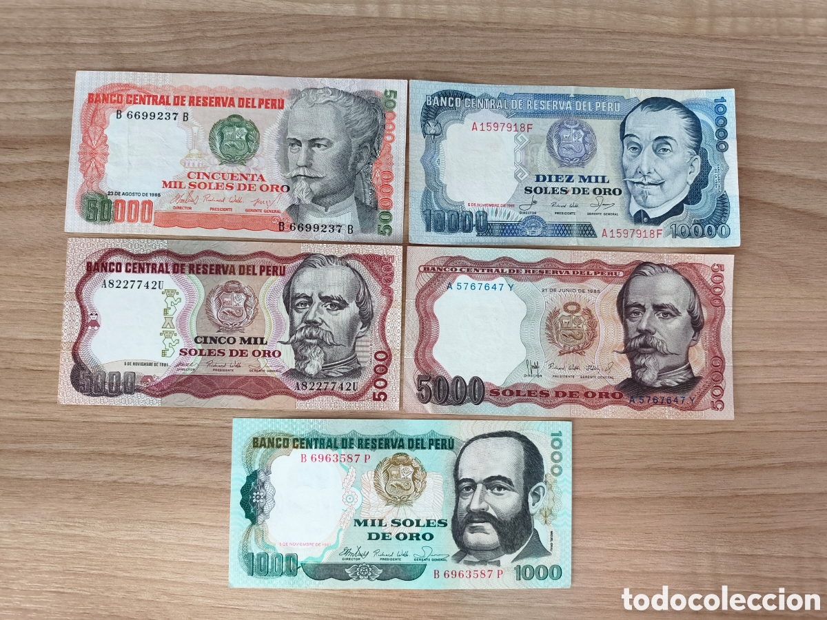 Notas Internacionais: Lote 5 billetes Per&uacute; a&ntilde;os 80